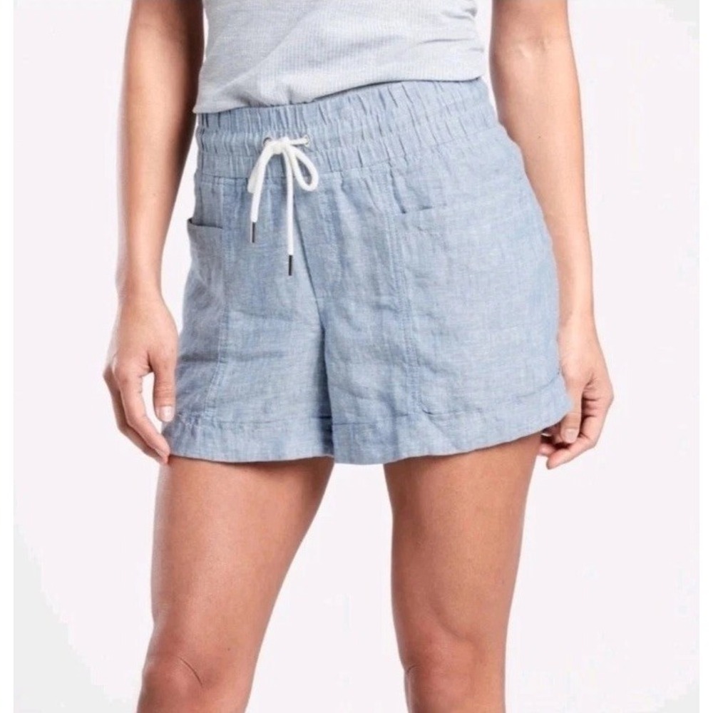 Athleta Cabo Linen Shorts Light Blue Chambray  Drawstring Pockets